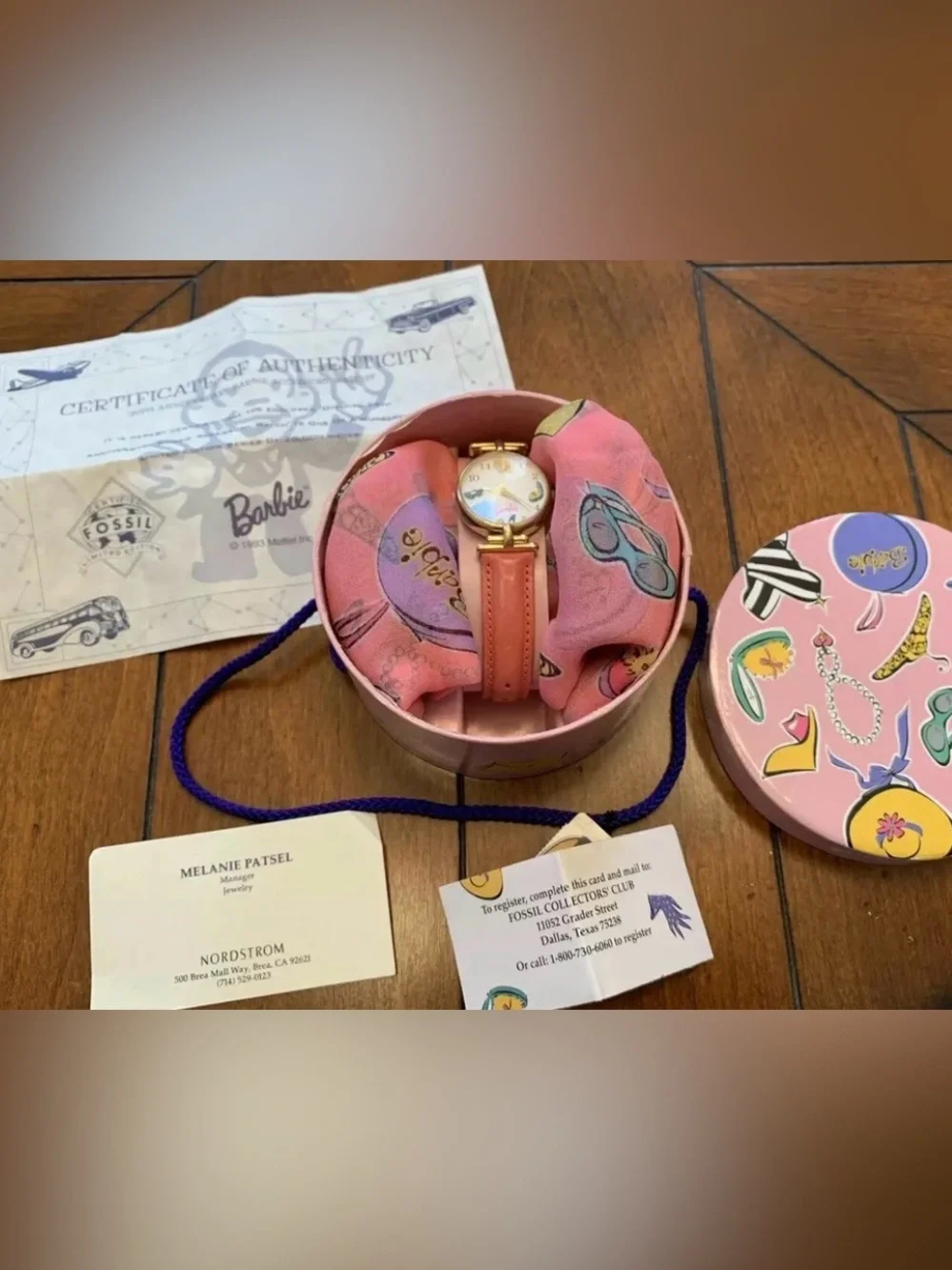 Vintage 1994 Barbie Fossil Women’s Gold w/ Pink Leather Watch-Paperwork, Scarf